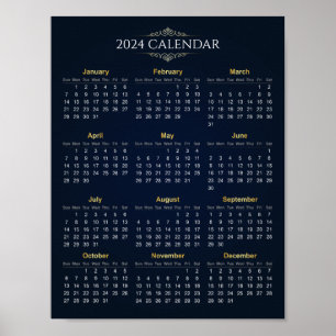Elegant Goud en Blauw 2024 Kalender   POSTER