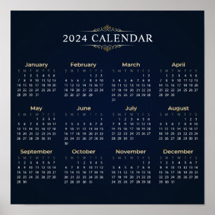 Elegant Goud en Blauw 2024 Kalender   POSTER