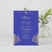 Elegant Goud en Blauw Damask Bruiloft Menu (Staand voorkant)