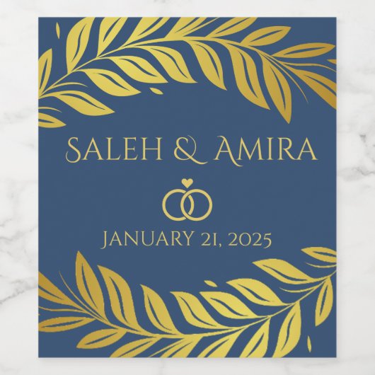Elegant Goud en Blauw Trouwteken Wijn Etiket (Enkel label)