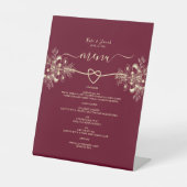 Elegant Goud en Bourgogne Bruiloft Menu Reclamebord Met Voetstuk (Voorkant)