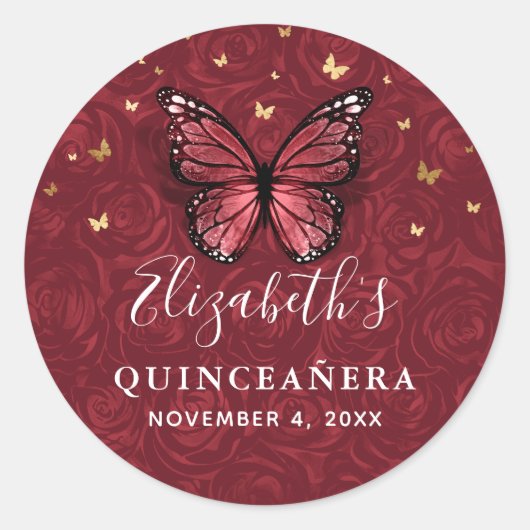 Elegant Goud en Bourgondische Vlinder Quinceanera Ronde Sticker (Voorkant)