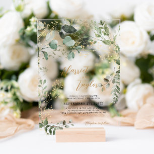 Elegant goud en groen Eucalyptus bruiloft Acryl Uitnodigingen