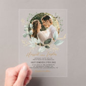 Elegant goud en groen Eucalyptus foto bruiloft Acryl Uitnodigingen (Insitu (Draagbaar))