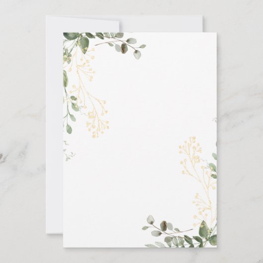 Elegant goud en groen Eucalyptus foto bruiloft Kaart (Achterkant)