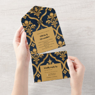Elegant goud en marineblauw damast vintage motief all in one uitnodiging