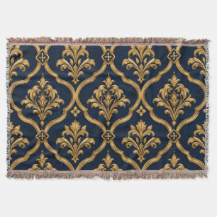 Elegant goud en marineblauw damast vintage motief deken
