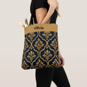 Elegant goud en marineblauw damast vintage motief draagtas