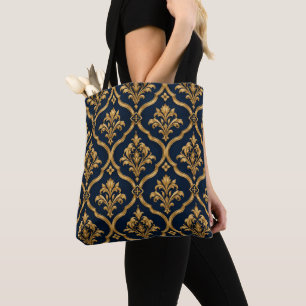 Elegant goud en marineblauw damast vintage motief draagtas