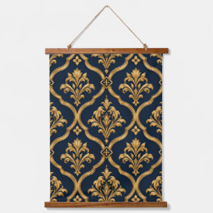 Elegant goud en marineblauw damast vintage motief hangend wandkleed