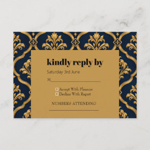 Elegant goud en marineblauw damast vintage motief informatiekaartje