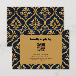 Elegant goud en marineblauw damast vintage motief informatiekaartje