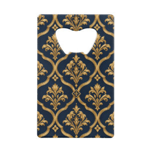 Elegant goud en marineblauw damast vintage motief kredietkaart flessenopener