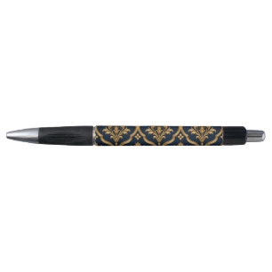 Elegant goud en marineblauw damast vintage motief pen