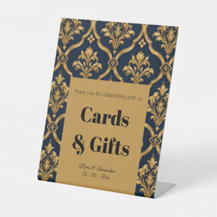 Elegant goud en marineblauw damast vintage motief reclamebord met voetstuk