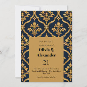 Elegant goud en marineblauw damast vintage motief save the date