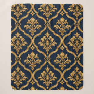 Elegant goud en marineblauw damast vintage motief sherpa deken