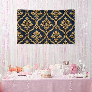 Elegant goud en marineblauw damast vintage motief spandoek