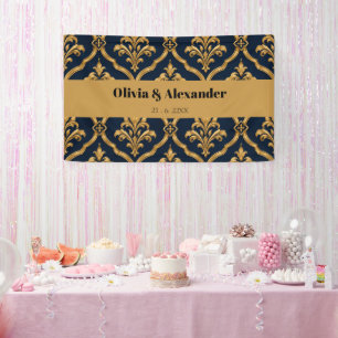 Elegant goud en marineblauw damast vintage motief spandoek