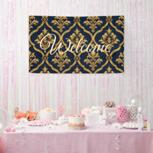 Elegant goud en marineblauw damast vintage motief spandoek