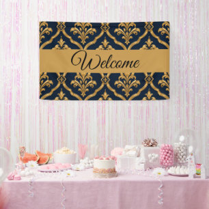 Elegant goud en marineblauw damast vintage motief spandoek