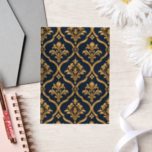 Elegant goud en marineblauw damast vintage motief vellum uitnodigingen