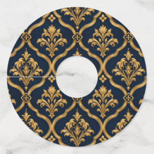 Elegant goud en marineblauw damast vintage motief wijnglaslabel