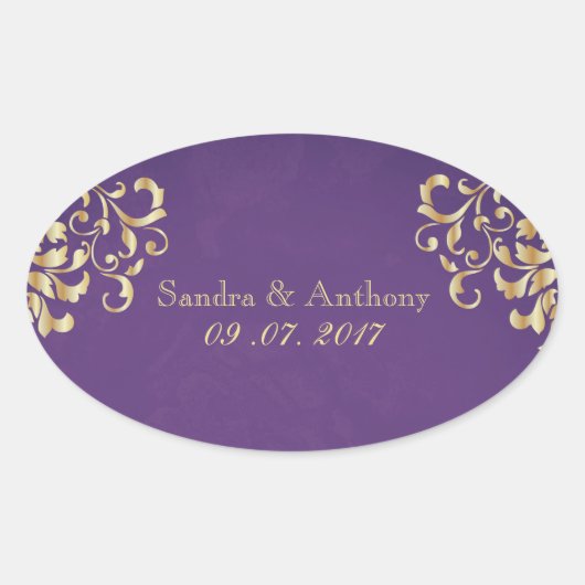 Elegant Goud en Paarse Damask Bruiloft Stickers (Voorkant)
