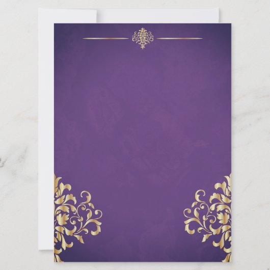Elegant Goud en Paarse Damask Bruiloft Uitnodiging (Achterkant)