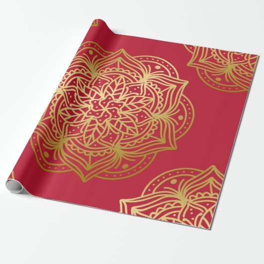 Elegant goud en rood mandala patroon cadeaupapier (Uitgerold)