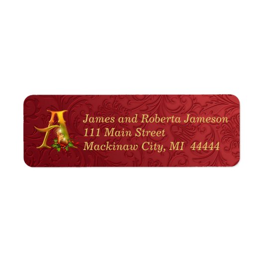 Elegant Goud en Rood Monogram Kerstlabel Etiket (Voorkant)