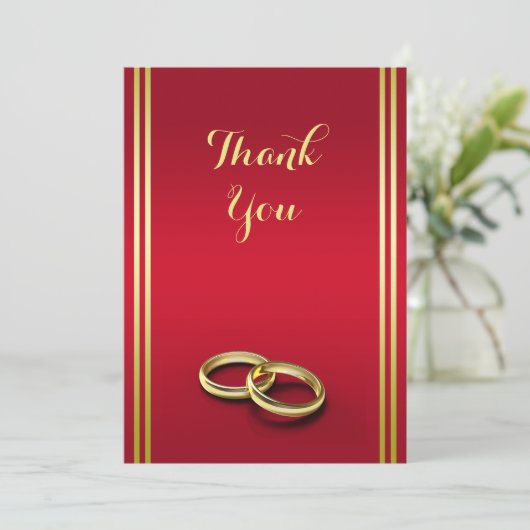 Elegant goud en rood, trouwringen bruiloft bedankkaart (Staand voorkant)