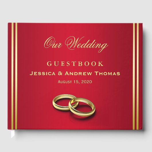 Elegant goud en rood, trouwringen bruiloft gastenboek (Voorkant)
