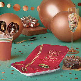 Elegant goud en rood, trouwringen bruiloft papieren bordje