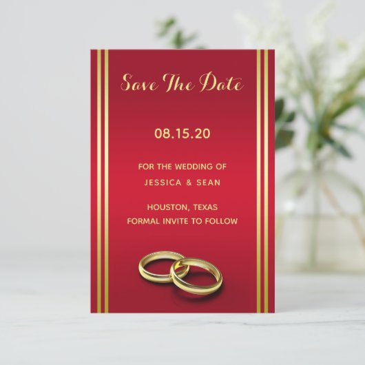 Elegant goud en rood, trouwringen bruiloft save the date (Staand voorkant)