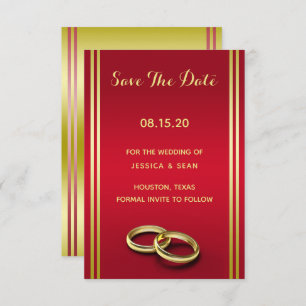 Elegant goud en rood, trouwringen bruiloft save the date