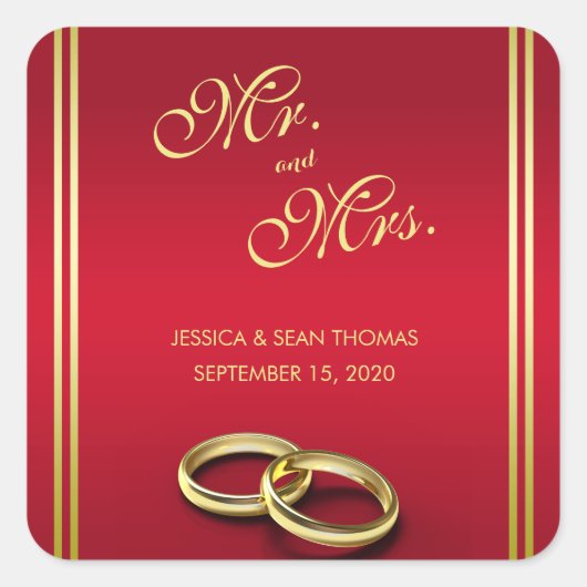 Elegant goud en rood, trouwringen bruiloft vierkante sticker (Voorkant)