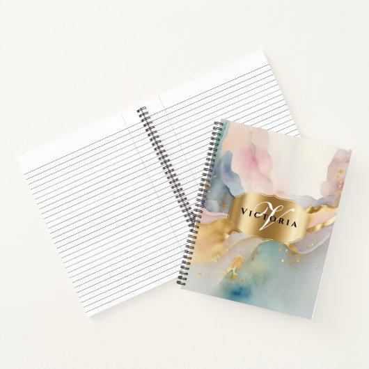 Elegant Goud en Waterverf Pastel Monogram Naam Notitieboek (Binnen)