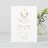 Elegant Goud en Wit Monogram Crest Bruiloft Kaart (Staand voorkant)