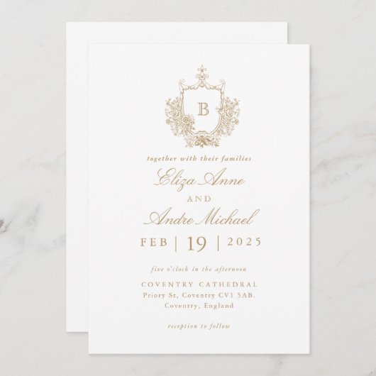 Elegant Goud en Wit Monogram Crest Bruiloft Kaart (Voorkant / Achterkant)