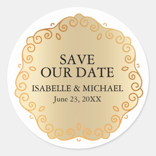 Elegant Goud en Wit Opslaan Onze Datum Ronde Sticker (Voorkant)