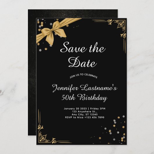 Elegant Goud en Zwart 50e Verjaardag Uitnodiging (Voorkant / Achterkant)