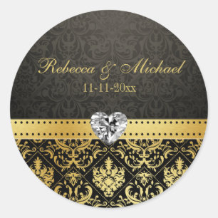 Elegant goud en zwart damast met diamanten hart ronde sticker