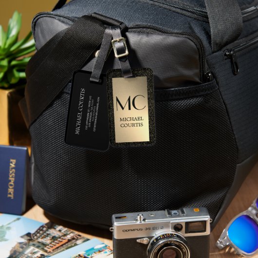 Elegant Goud en zwart Metallic Monogrammed Naam Bagagelabel (Voorkant /achterkant)