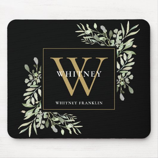 Elegant goud en zwart monogram groen Bloemen Muismat (Voorkant)