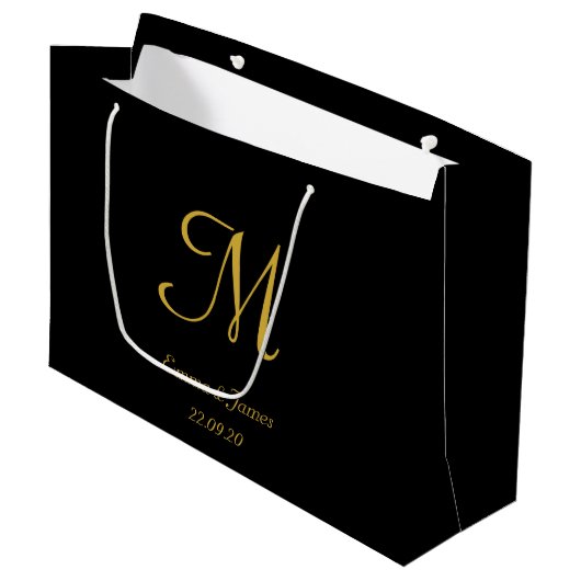Elegant Goud en Zwart Monogram Naam Gepersonalisee Groot Cadeauzakje (Voorkant Gekanteld)