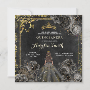 Elegant Goud en Zwart Rozen Prinses Quinceañera Kaart