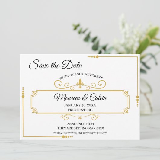 Elegant Goud Filigraan op Wit, Save the Date Kaart (Staand voorkant)