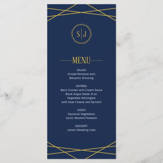 Elegant goud geometrisch | Donkerblauw Bruiloft Me Menu (Voorkant)