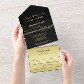 Elegant goud Gepersonaliseerd monogram op zwart All In One Uitnodiging (Afscheurbaar)